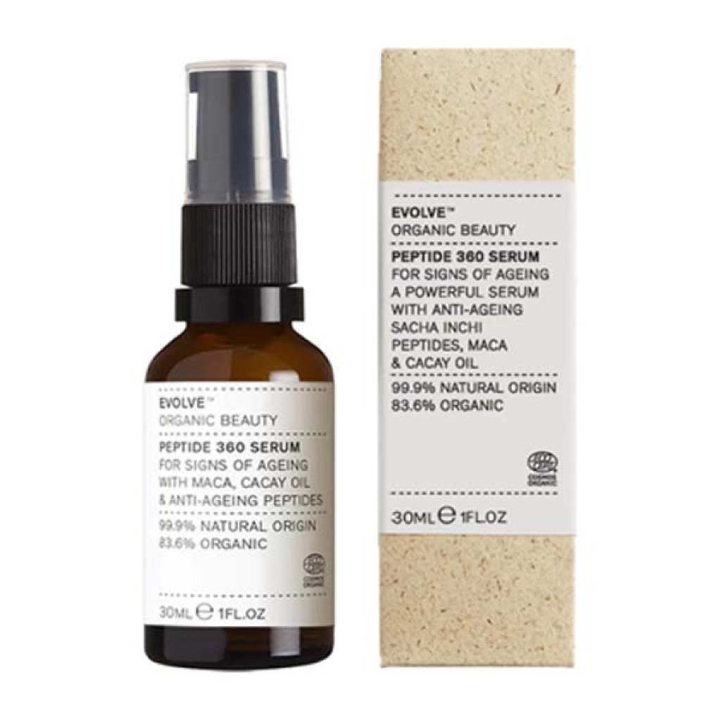 En flaske Evolve Organic Beauty Peptide 360 Serum 30 ml ved siden af en æske.