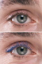 to billeder af en mands øjne med blå mascara.