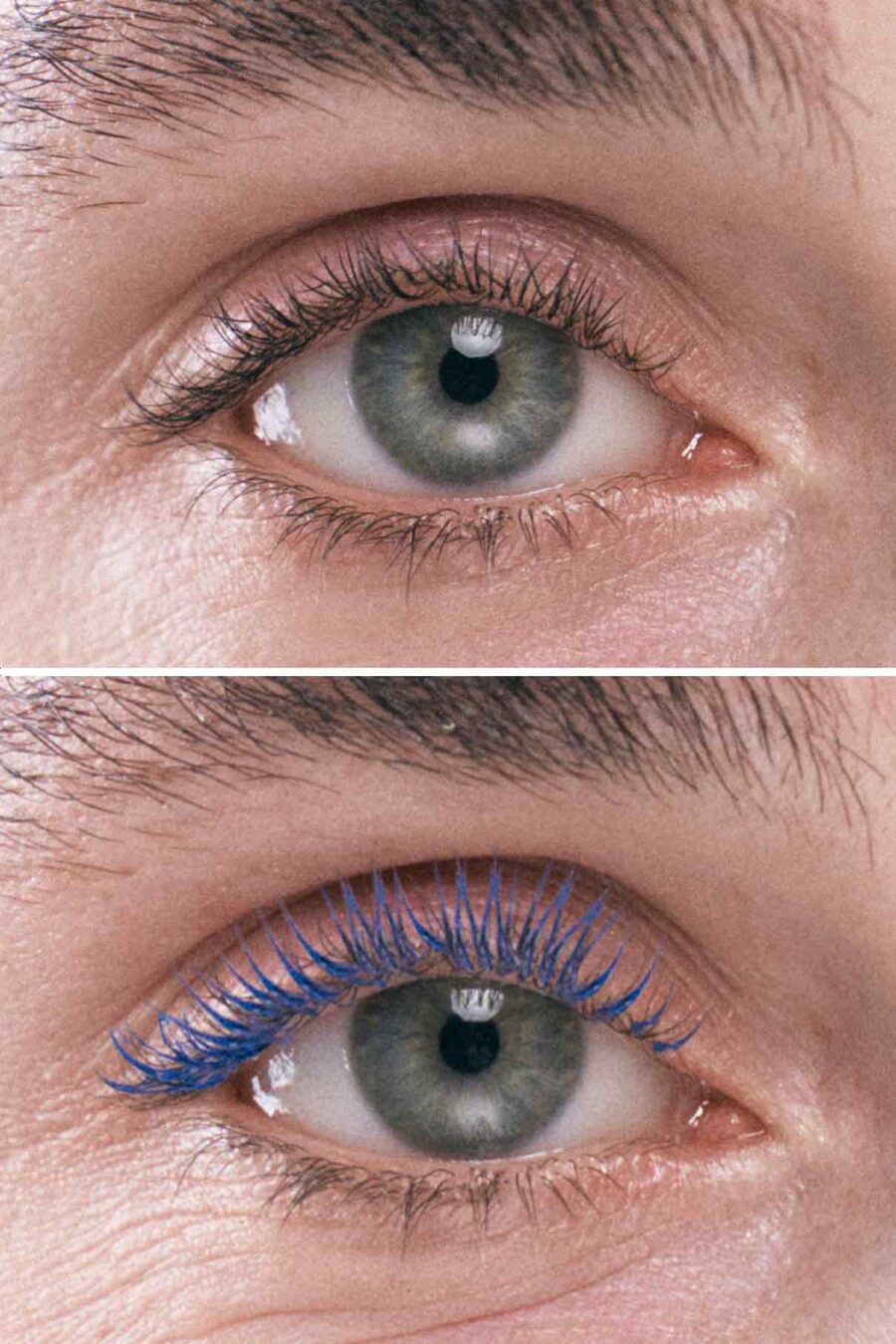 to billeder af en mands øjne med blå mascara.