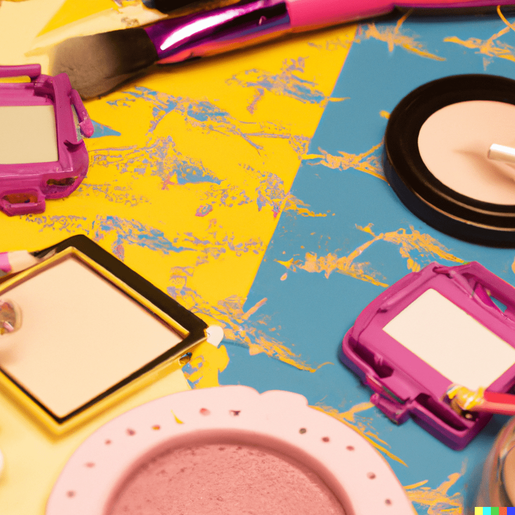 et bord beklædt med kosmetik og makeupprodukter.