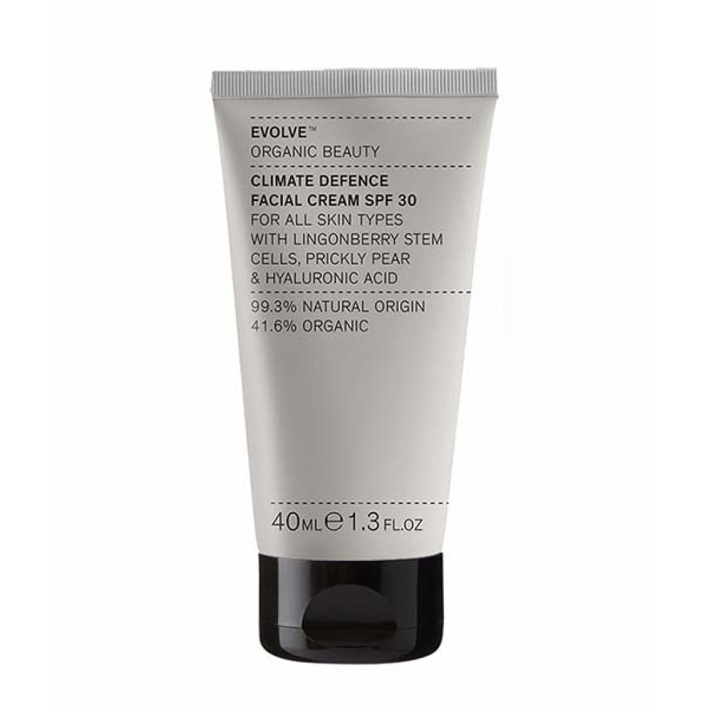 en tube Evolve Organic Beauty Climate Defense SPF30 Cream 40 ml på en hvid baggrund.