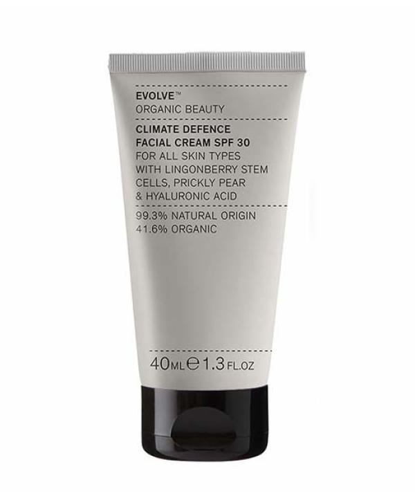en tube Evolve Organic Beauty Climate Defense SPF30 Cream 40 ml på en hvid baggrund.