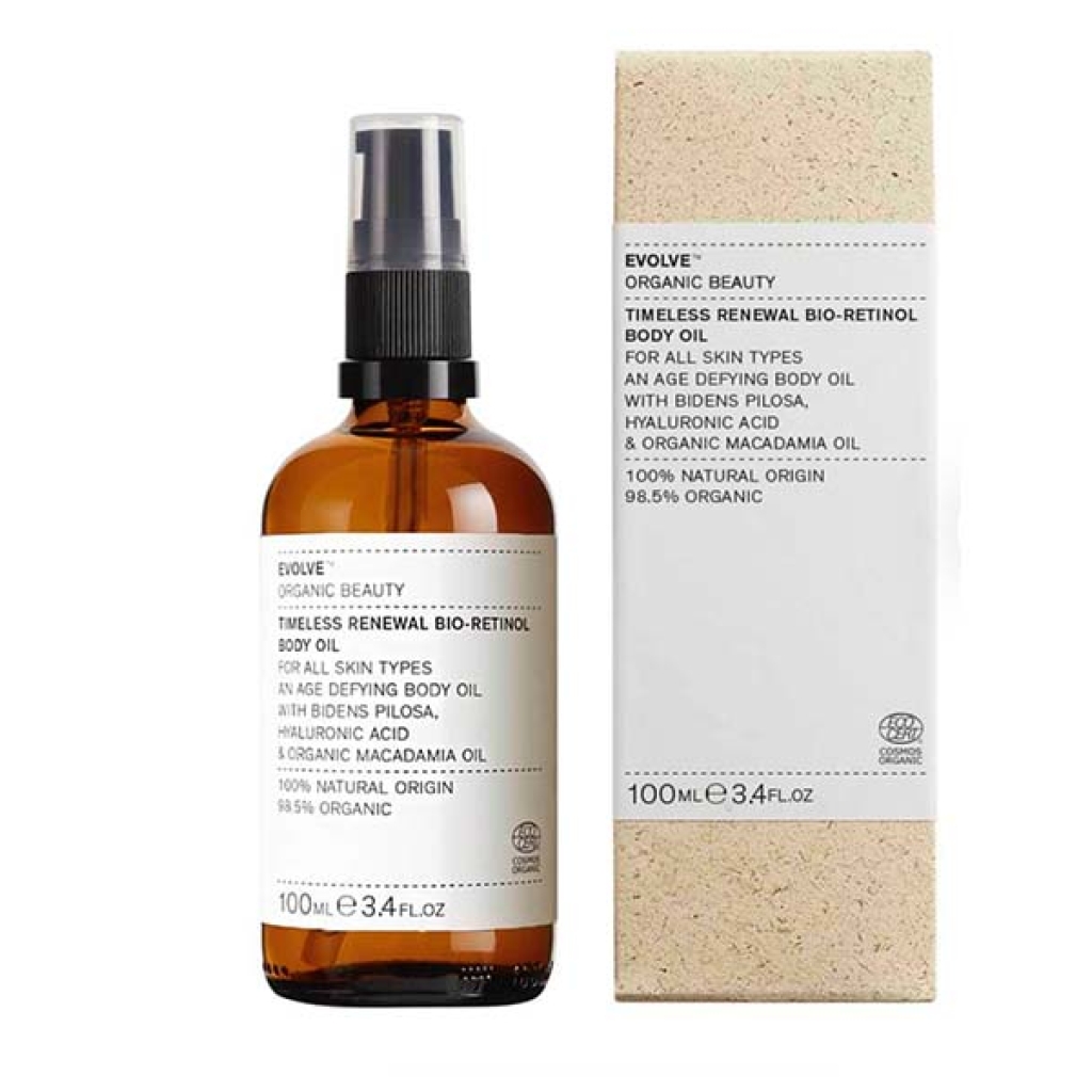 en flaske Evolve Organic Beauty Timeless Renewal Bio Retinol Body Oil 100 ml ved siden af en æske.
