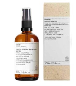 en flaske Evolve Organic Beauty Timeless Renewal Bio Retinol Body Oil 100 ml ved siden af en æske.