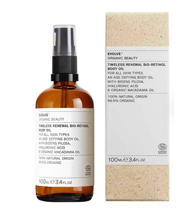 en flaske Evolve Organic Beauty Timeless Renewal Bio Retinol Body Oil 100 ml ved siden af en æske.