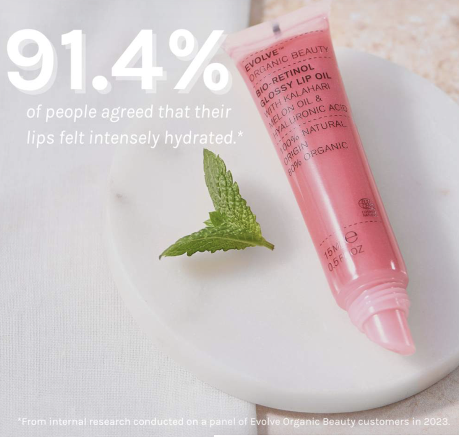 94 % af mennesker siger, at de føler sig mere hydrerede efter at have brugt Evolve Organic Beauty Bio-Retinol Glossy Lip Oil 15 ml.