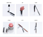 En serie billeder, der viser forskellige typer af Loni Baur The Face Edition 01 - Here You Glow makeup-produkter.
