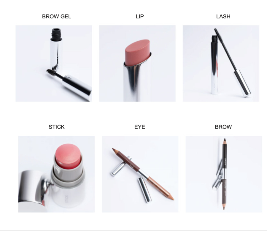 En serie billeder, der viser forskellige typer af Loni Baur The Face Edition 01 - Here You Glow makeup-produkter.