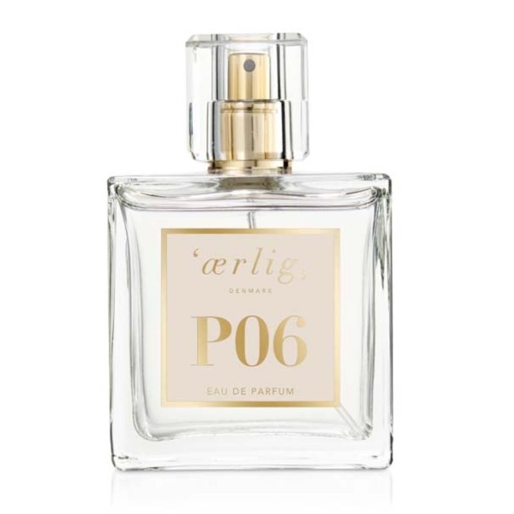 En flaske Ærlig P06 – Eau de Parfum 100 ml glasflaske på hvid baggrund.