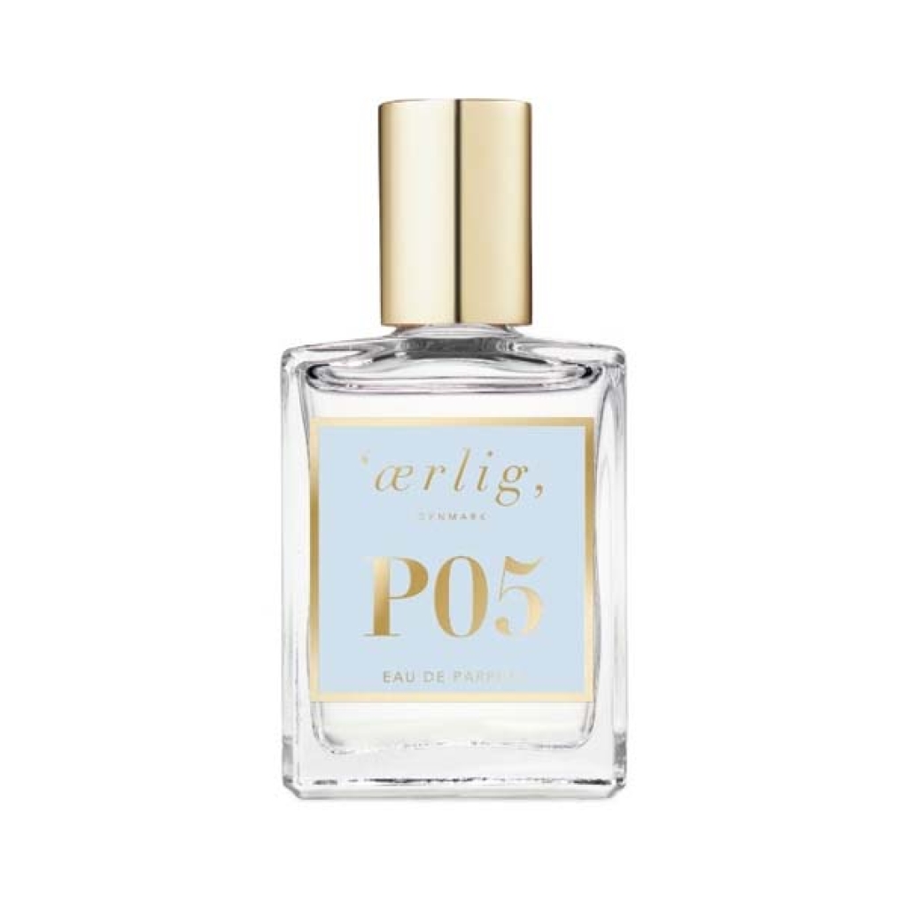 En flaske Ærlig P05 – Eau de Parfum 15 ml glasflaske Roll on TRAVEL på hvid baggrund.