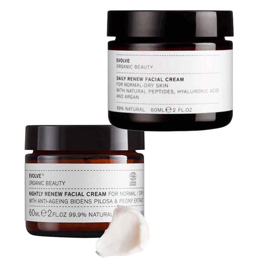 To krukker Evolve Organic Beauty Renew Day & Night Cream Duo og en krukke creme.