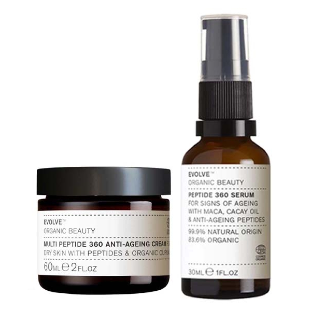 En flaske Evolve Organic Beauty Multi Peptide 360 Anti-ageing Duo creme og en flaske Evolve Organic Beauty Multi Peptide 360 Anti-ageing Duo serum.