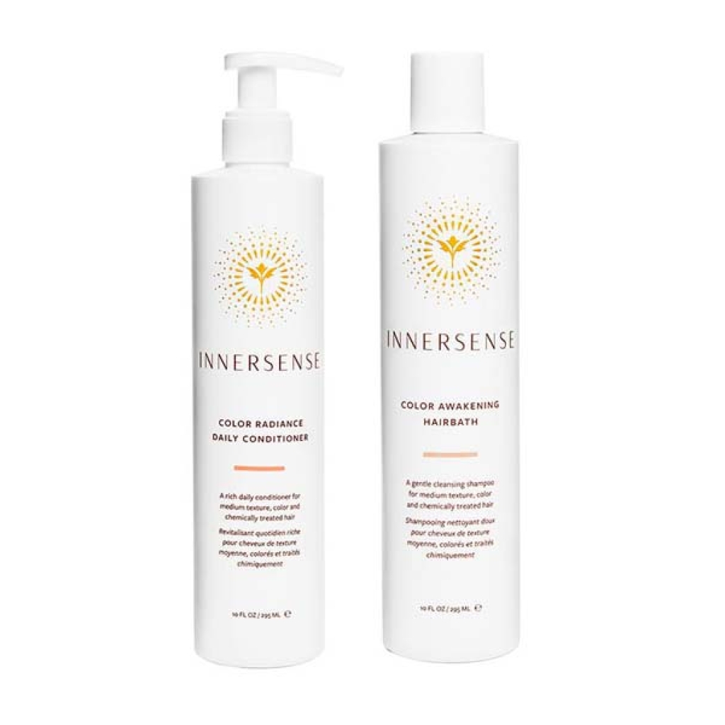 To flasker Innersense Color sæt - Color Hairbath & Conditioner 2 x 295 ml på hvid baggrund.
