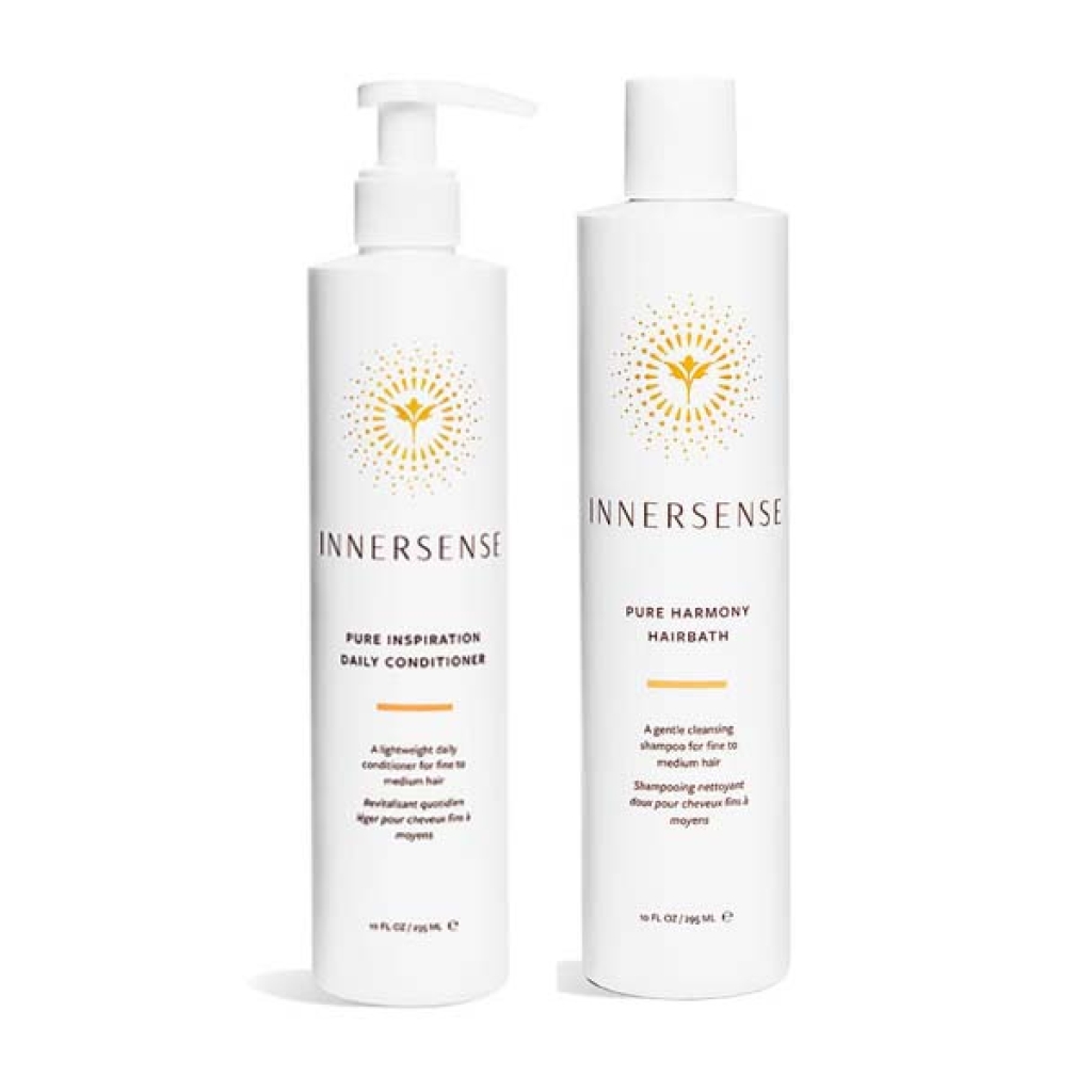 To flasker Innersense Pure sæt - Pure Hairbath & Conditioner 2 x 295 ml hårplejeprodukter på hvid baggrund.