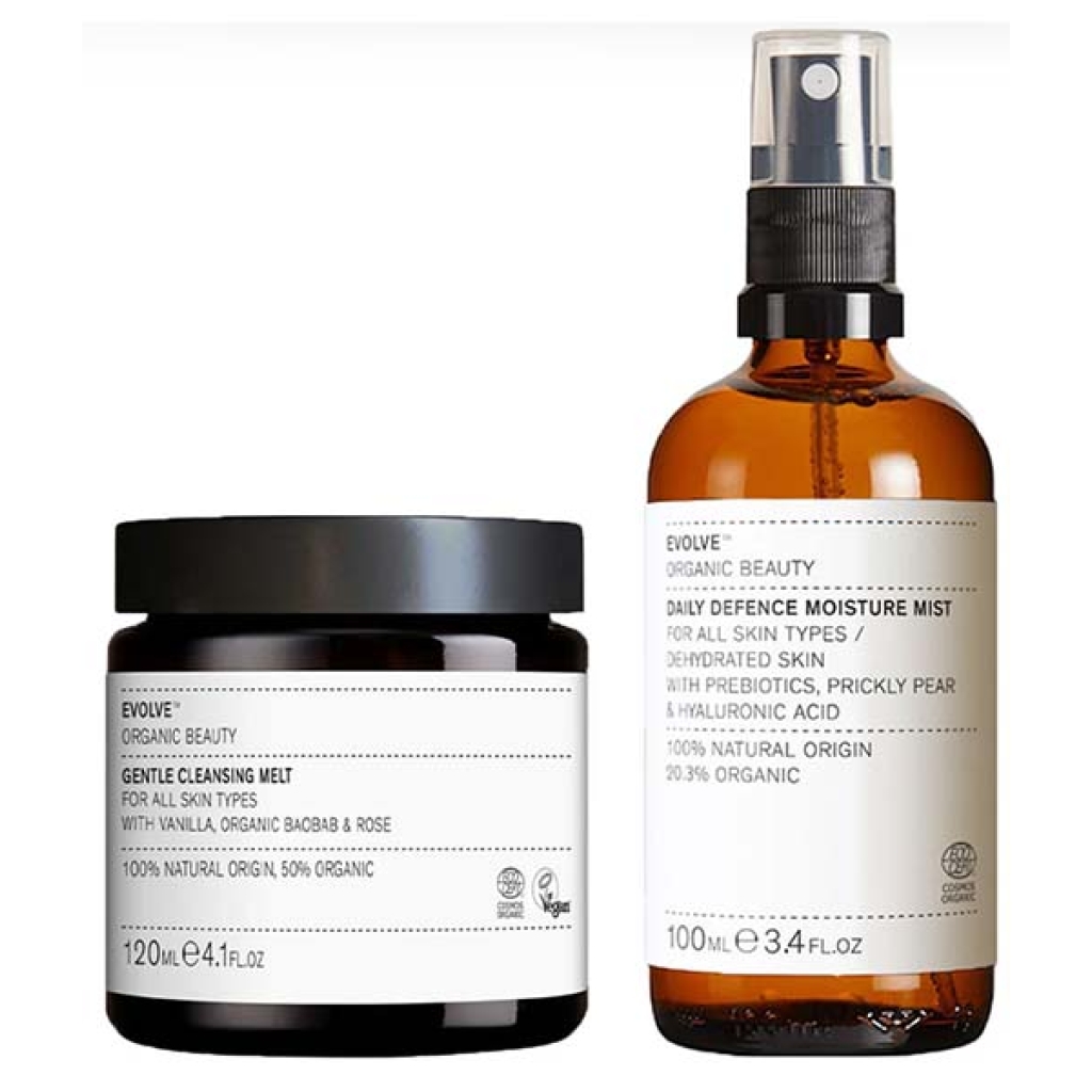 To Evolve Cleanse & Tone Duo-hudplejeprodukter: en krukke med skånsom rensende smelte og en sprayflaske med dagligt forsvarsfugtmist.