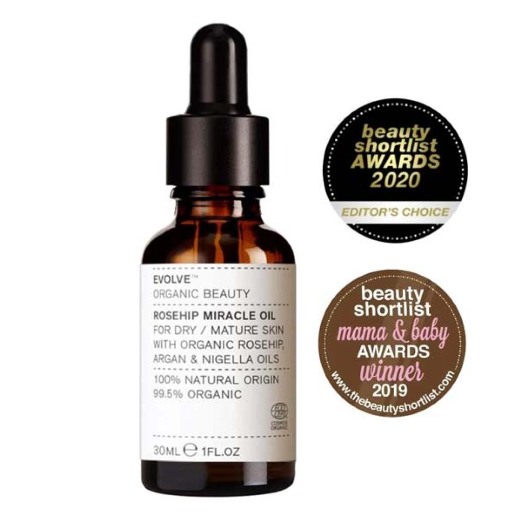 En flaske Evolve Miracle face & Lip oil Duo med tildelte etiketter fra Beauty Shortlist Awards 2019.