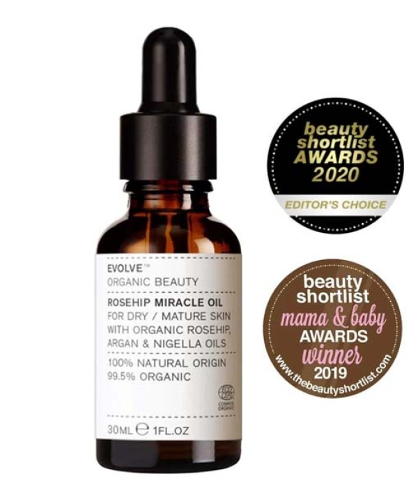 En flaske Evolve Miracle face & Lip oil Duo med tildelte etiketter fra Beauty Shortlist Awards 2019.