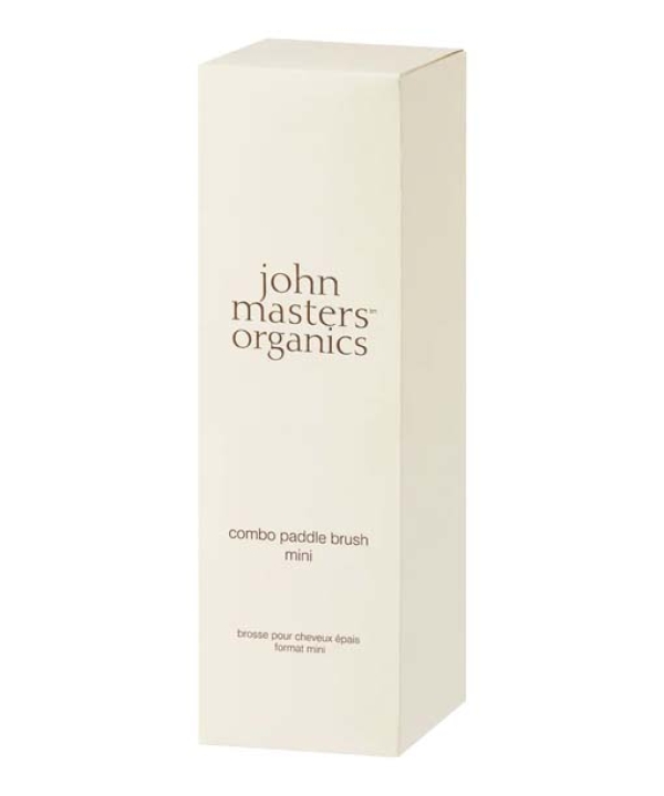 En beige rektangulær æske med teksten "John Masters Organics Combo Paddle Brush - vildsvinehår" trykt på.