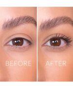 Nærbillede af en persons øje i to side-by-side billeder mærket "Før" og "Efter", der illustrerer virkningerne af at påføre mascara fra Glo Beauty Time To Shine - Warm Collection. "Efter"-billedet viser mærkbart længere og mørkere øjenvipper.