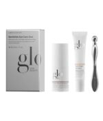 Billede af Glo Skin Beauty Revitalize Eye Care Duo-sættet, der indeholder Phyto-Active Eye Serum, Hydra-Bright Eye Cream og en metalapplikator, vist på en almindelig baggrund.