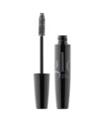 En åben sort mascara tube med "Glo Skin Beauty" skrevet på den, som viser applikatorbørsten ved siden af tuben. Gør dig klar til dit nærbillede med Glo Beauty Time To Shine - Warm Collection.