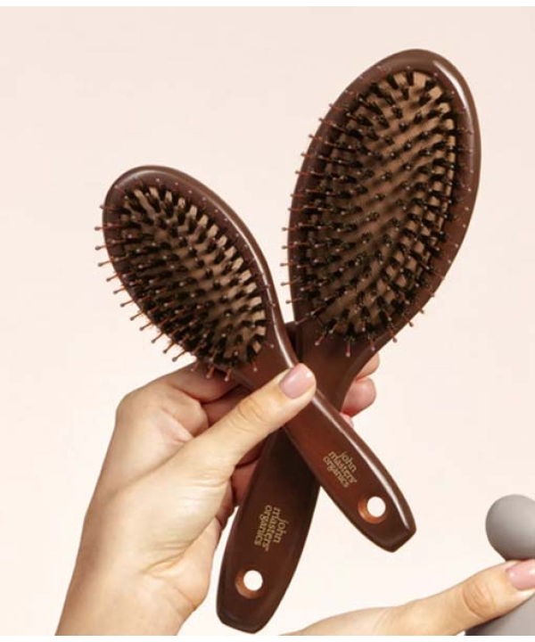 En person holder to John Masters Organics Combo Paddle Mini-børster med plastikbørster og håndtag, med branding-tekst.